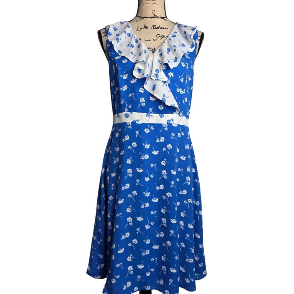Ann Taylor Factory Petite Blue Floral Ruffle V-Neck Fit & Flare Dress 8P